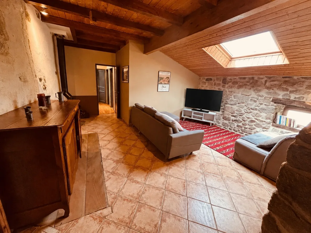 Salon avec canapés, télévision et poêle à bois du gîte les Vérag